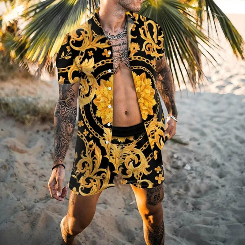 

2021 New Men's Hawaiian Printed Shirt Suit Summer Fashion Short Sleeve Shirt Beach Shorts Casual Quick Dry 2 Piece Men's Set