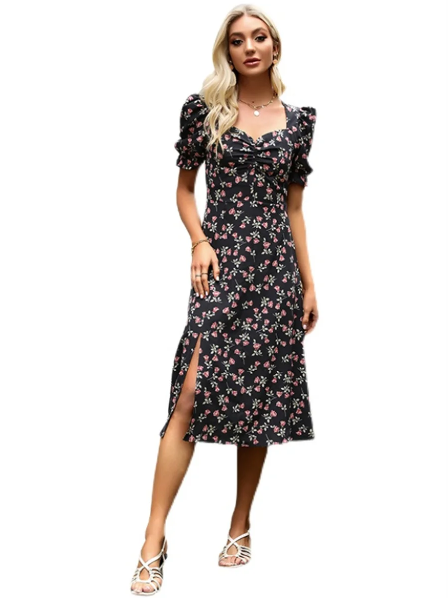 

Woman Spring Summer Style A-Line Dress Lady Casual Short Puff Sleeve Square Collar Flower Printed Dress SS4068