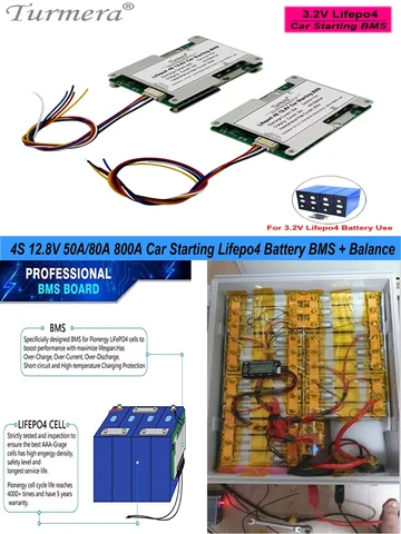 4S 12,8 В 50 А 80 А 800 А с балансовым аккумулятором Lifepo4 BMS для запуска автомобиля 3,2 В 100 Ач 200 Ач 280 Ач 320 Ач Lifepo4 Использование аккумулятора Turmera