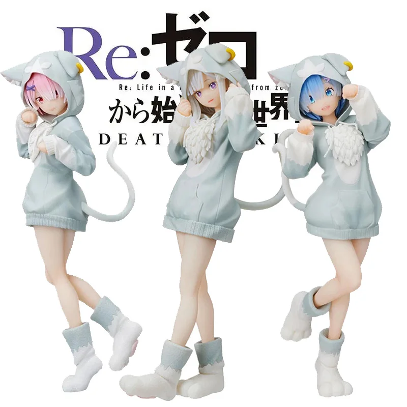 

18CM Anime Rem Figure Emilia Cat RE: Zero Starting Life in Another World Figure White Ram Static Model PVC Toys Gift Doll