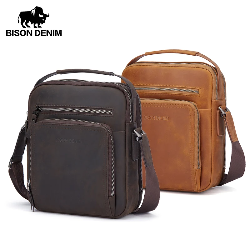 BISON DENIM Men's Shoulder Bag High Quality Cowhide Leather Business Casual Crossbody Large Capacity Handbag Free Shipping 2023