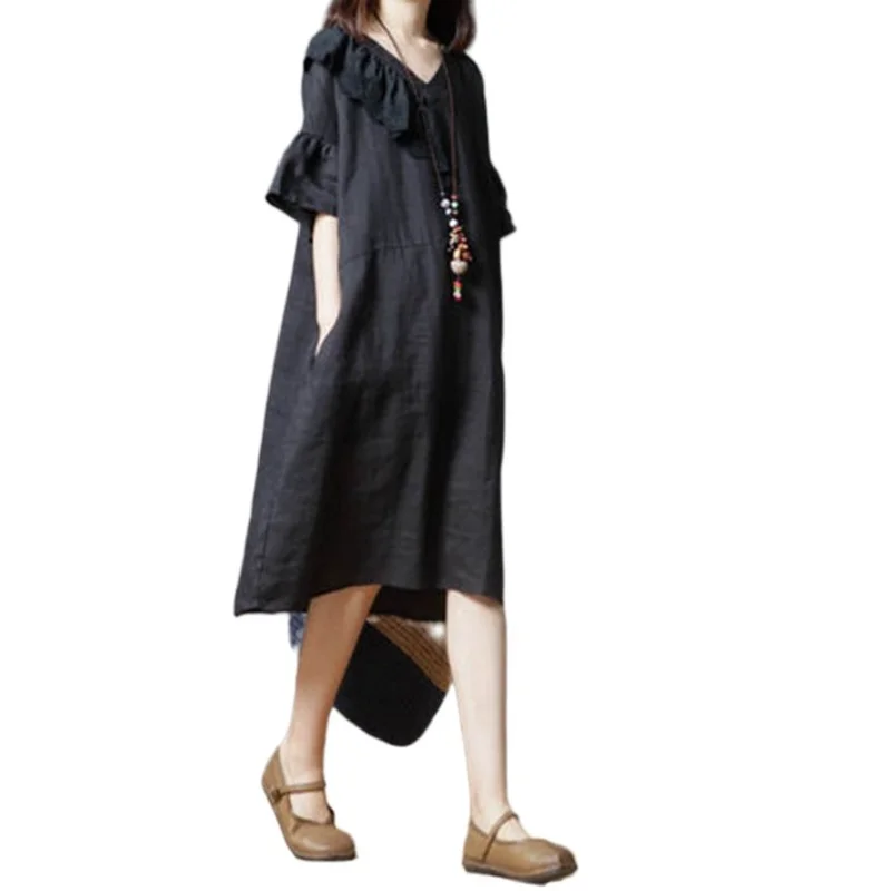 

2022 Summer New Plus Size Black Women Dresses V-Neck Ruffles Loose Office Lady Casual Elegant Dresses Top Quality