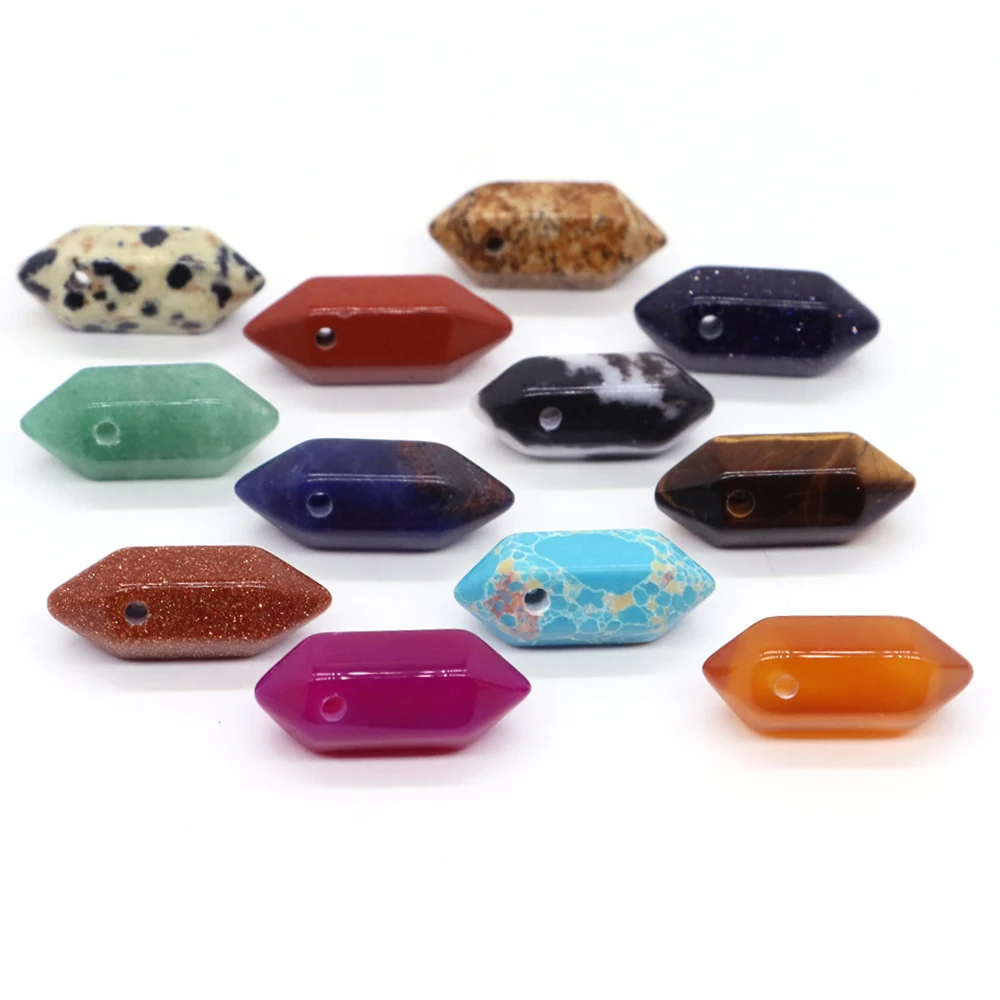 

Natural Stone Mini Double-pointed Hexagonal Drilled Hole Point Wand Healing Crystal Crafts For Making Pendant Jewelry Charm Gift