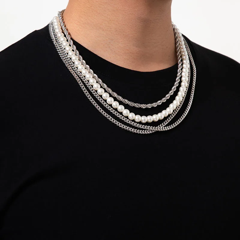 

4 Pcs Paired Layered Necklace for Men Hiphop Street Wear Pearl Choker Necklace Male Cuban Chains Collar Jewelry Neck Accessories