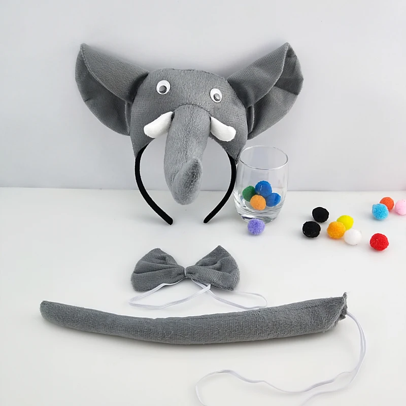 

Adult Kids Party Children 3D Elephant Headband Tie Tail Set Animal Cosplay Hair Bands Plush Christmas Halloween Headwear