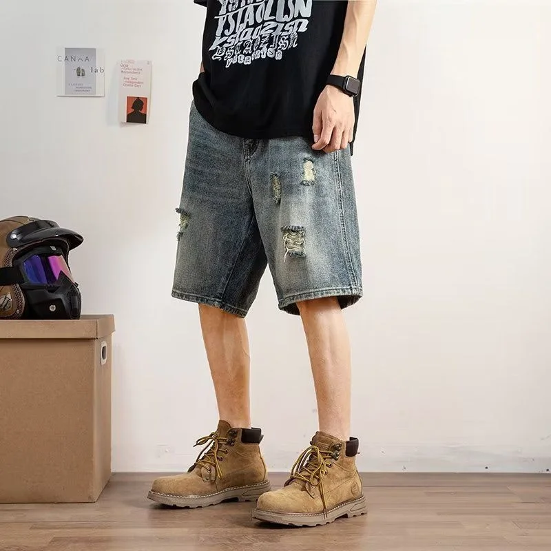 Summer Blue Hole Denim Shorts Men Fashion Casual Straight Jeans Men Streetwear Hip Hop Loose Short Jeans Mens Five-point Pants