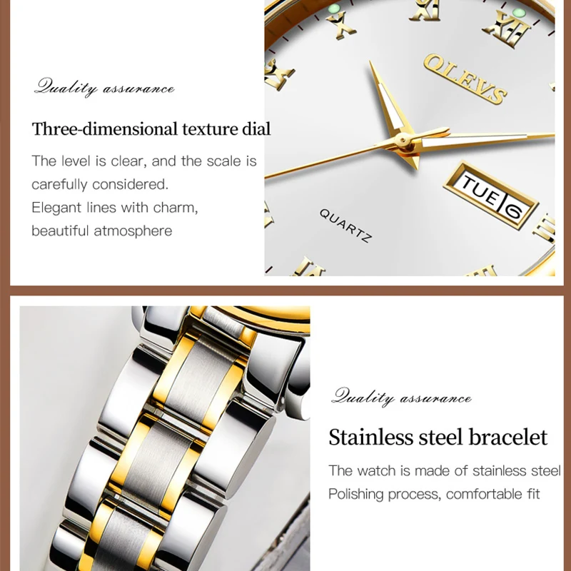 OLEVS New Couple Luxury  Automatic HD Luminous Waterproof Dual Calendar Display  Stainless Steel Watches Quartz Watch 5568