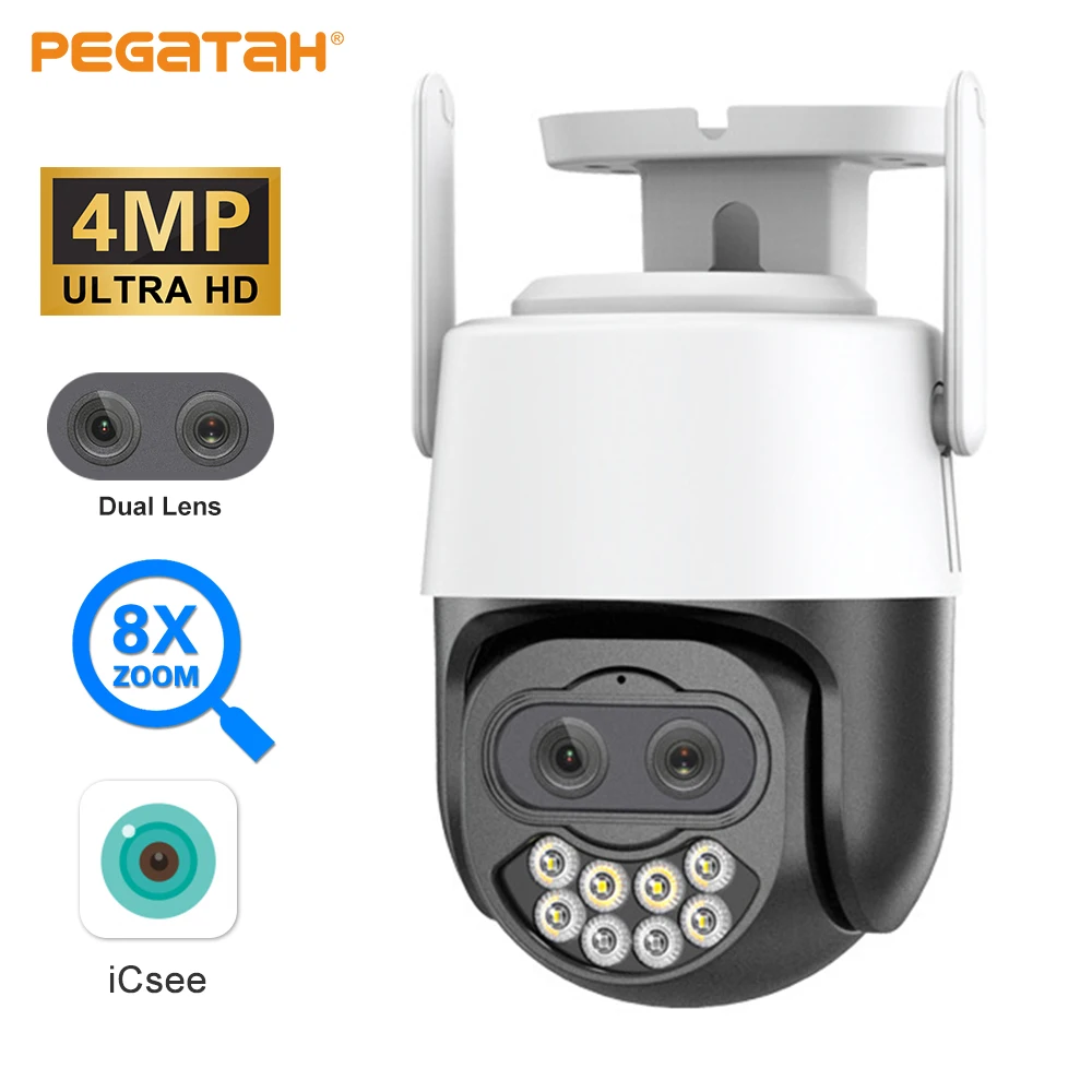 

PEGATAH 2K Outdoor WiFi IP Camera Dual Lens 8X Digital Zoom Color Night Vision AI Detection Video Surveillance CCTV PTZ Cameras
