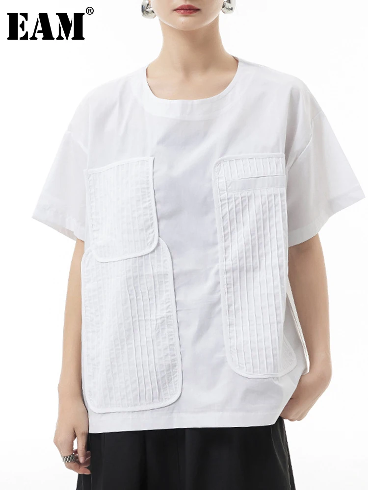 

[EAM] Women White Irregular Pocket Big Size Casual T-shirt New Round Neck Short Sleeve Fashion Tide Spring Summer 2022 1DE8013