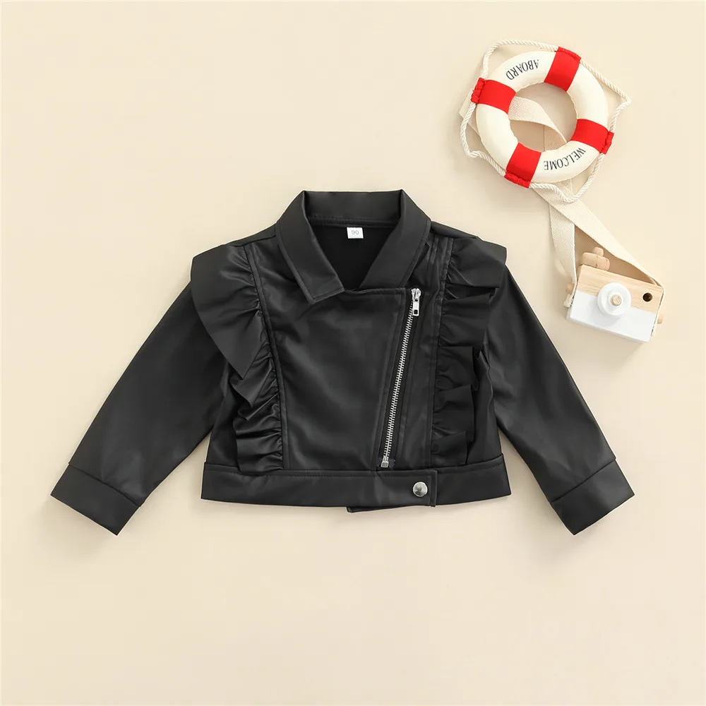 

Baby Girl Black PU Leather Jacket Fashion Ruffle Faux Leather Coat 2-7Y Kids Children Spring Fall Casual Outerwear Outfits 2022