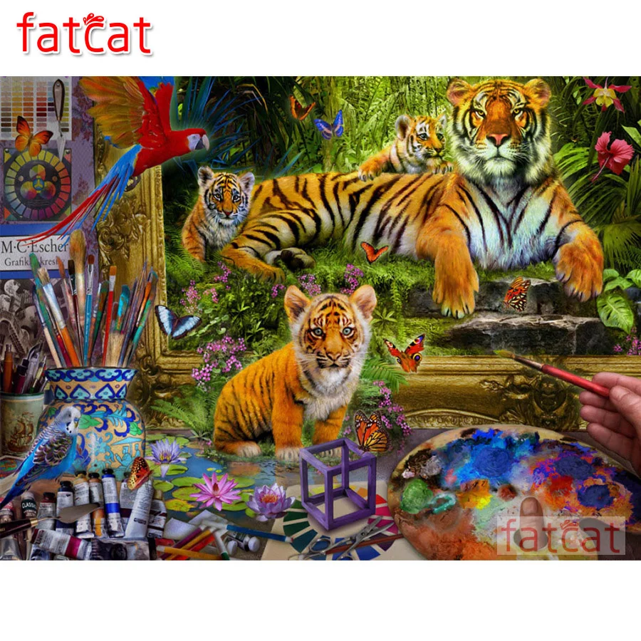 

FATCAT tiger parrot mosaic painting house diy full square round drill diamond embroidery animals birds handcraft arts AE3484