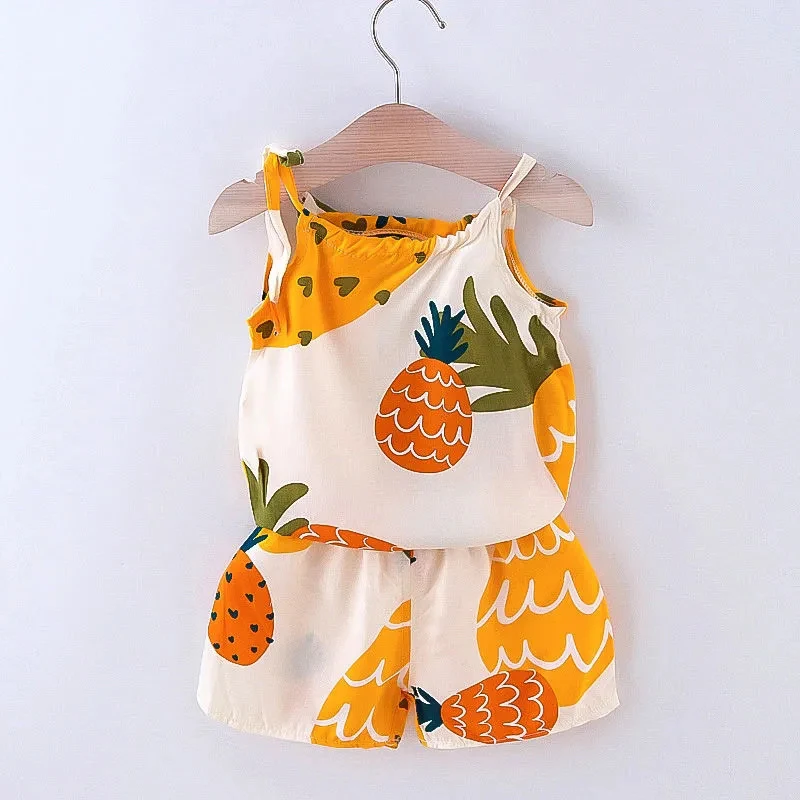 

Korean Style Summer Clothes New Girls Suit Cotton Silk Children's Top Pants Female Baby Cotton Silk Vest Shorts Two-piece Suit