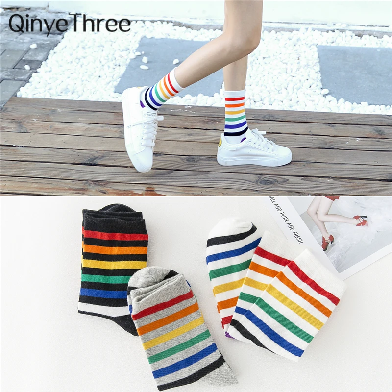 

Summer Fall Winter Women Happy Japanese Korean Hipster Rainbow Stripes Tube Socks Unisex Harajuku Dropship