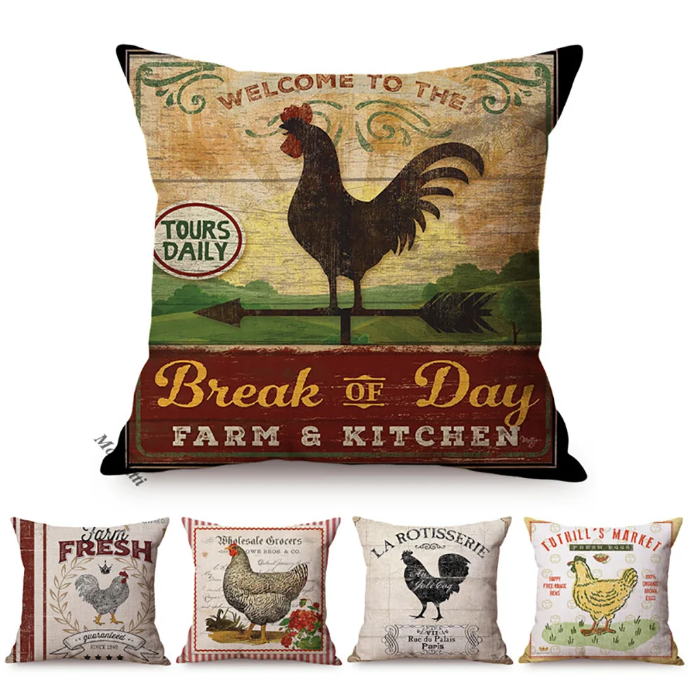 

French Rural Cock Style Sofa Decoration Throw Pillow Case Nordic Farm Vintage Poster Print Luxury Cushion Cover Linen Pillowcase