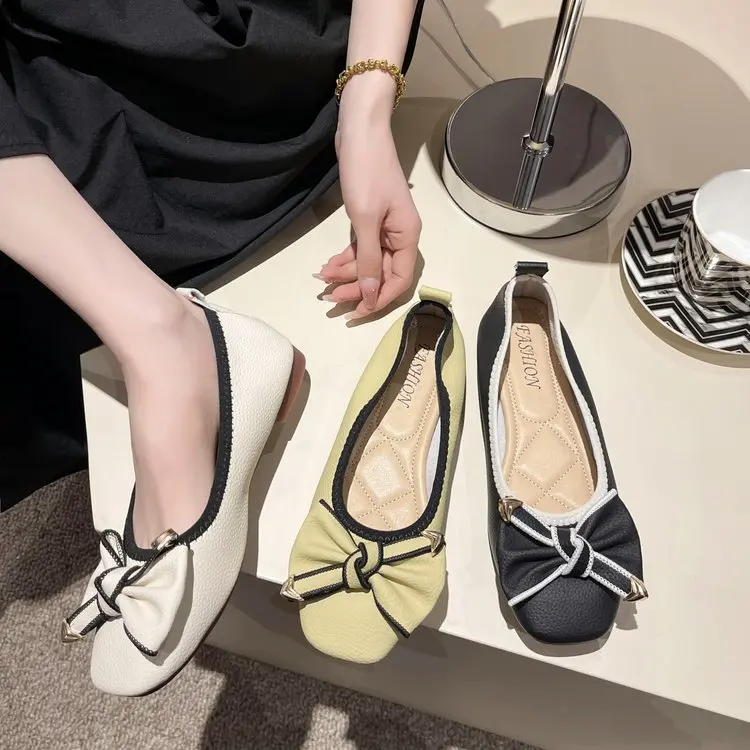 

Ballet Flat Women's Bow Decoration Pu Leather High Heel Slip-on Shoe Square Open Toe 2023 Spring and Autumn Fashion Casual Shoes