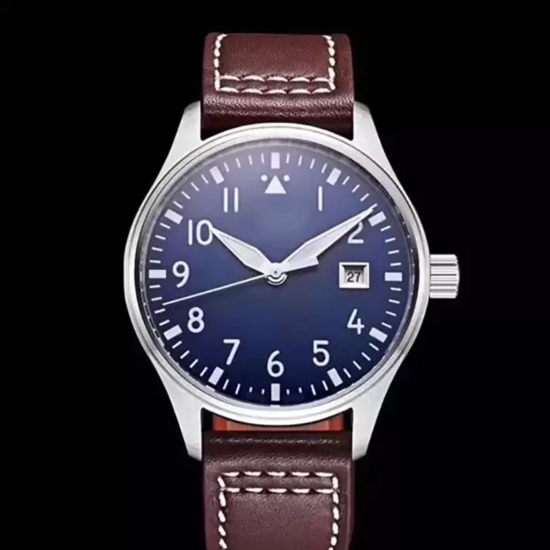 

Automatic Mechanical men's watch Waterproof Pilot Automatic Mechanical Movement 40mm blue Dial brown Leather Strap Mens Watches