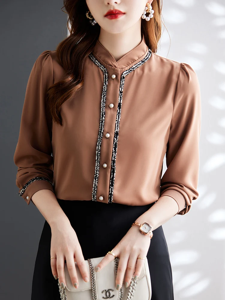 

Chinese style women shirt mandarin collar puff sleeve pearl buttons cardigan draped satin autumn office lady top blouses 2022