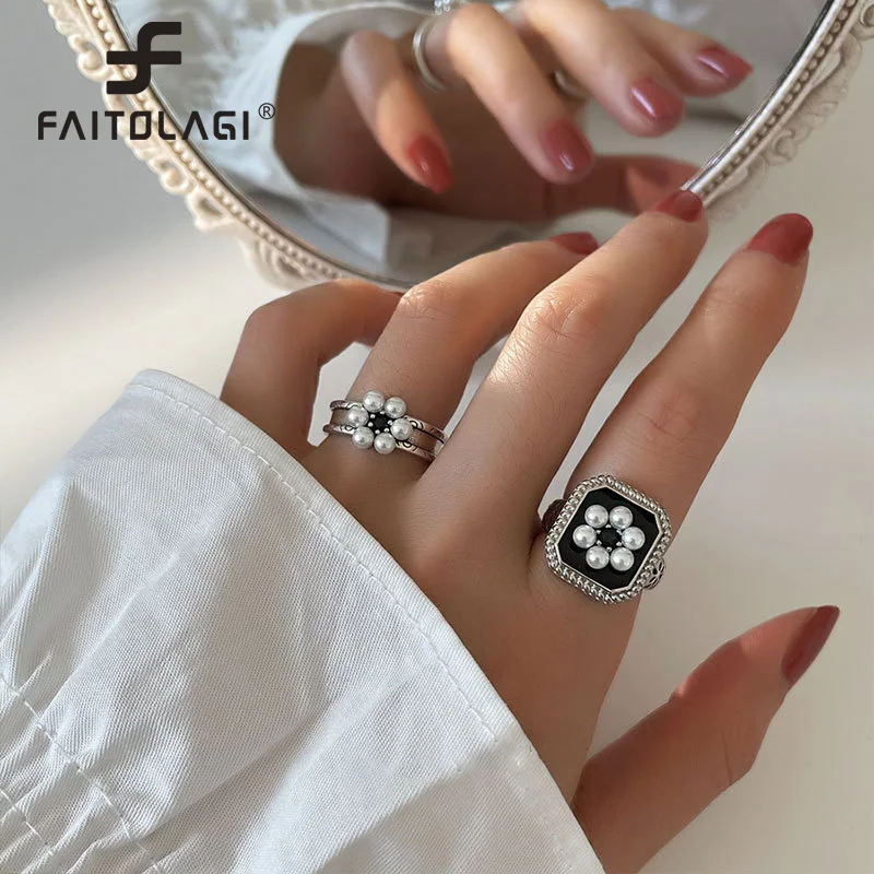 

Простые геометрические жемчужные кольца с цветком для женщин новые элегантные регулируемые открытые аксессуары в подарок