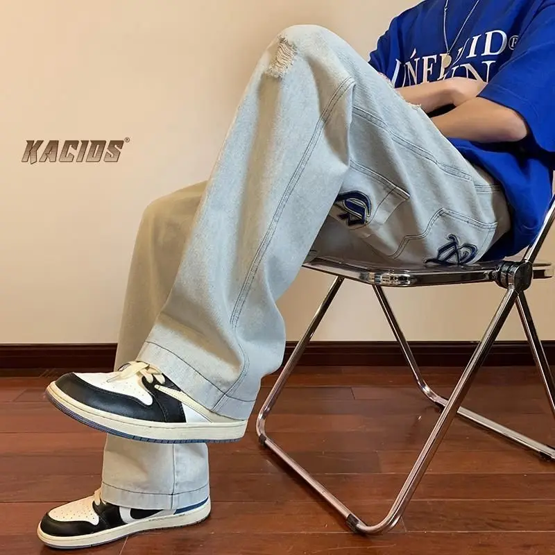 Y2k Emo Men Fashion Streetwear Casual Harajuku Embroidery Letter Hip Hop Jeans Gothic Grunge Trousers Straight Pants Alt Clothes