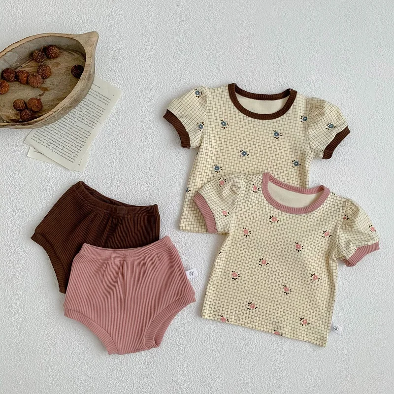 

Summer Newborn Baby Girl Clothing Set Short Sleeve Flower Plaid Cotton T-shirt Tops+Bloomers Shorts 2PCS Outfits Clothes 0-24M