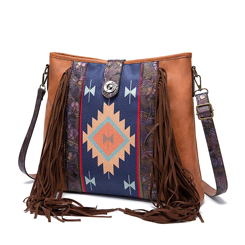 Summer Women's Boho Hand-Woven Print Vintage  Canvas Adjustable One Shoulder Cross-Body Tote Bag