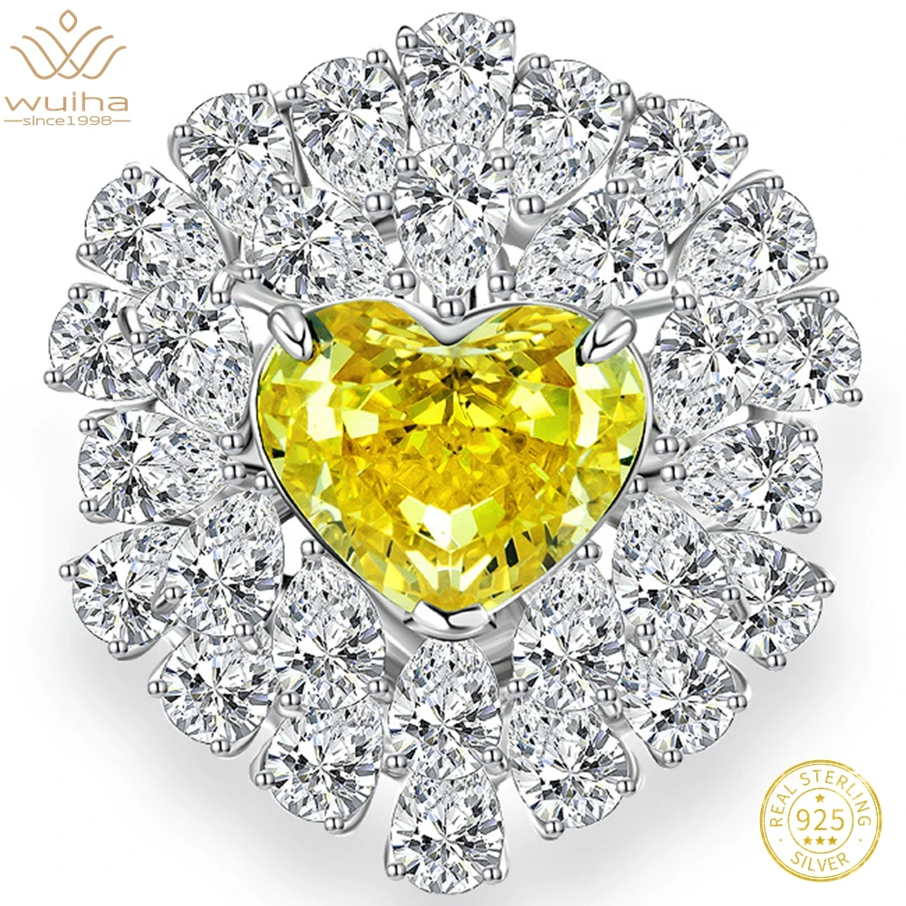 WUIHA Real 925 Sterling Silver Heart 10CT Fancy Vivid Yellow Sapphire Synthetic Moissanite Ring for Women Gift Drop Shipping
