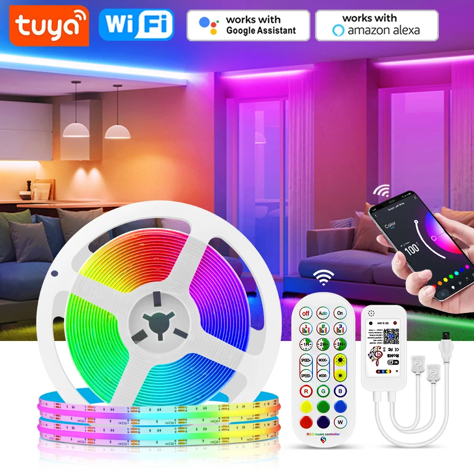 Tuya RGB COB свет ленты DC 24V APP пульт дистанционного управления светодиодные ленты 840LEDs/м диммируемый гибкая лента для DIY украшения освещения