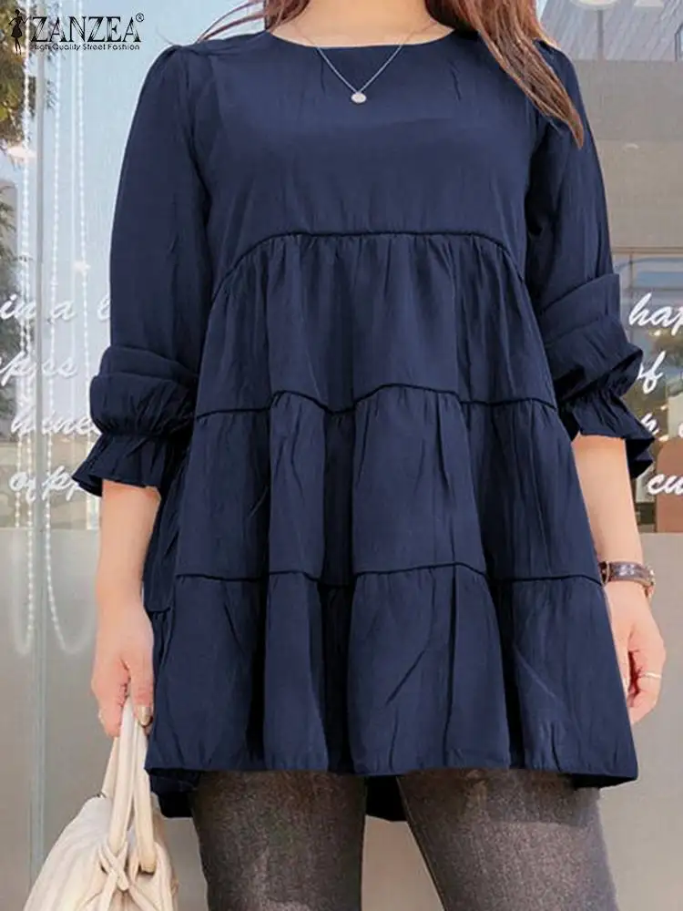 

2022 ZANZEA Oversize Long Sleeve White Blouse Women Fashion Solid Tops Spring Elegant Ruffle Camisas Casual Holiday O Neck Shirt