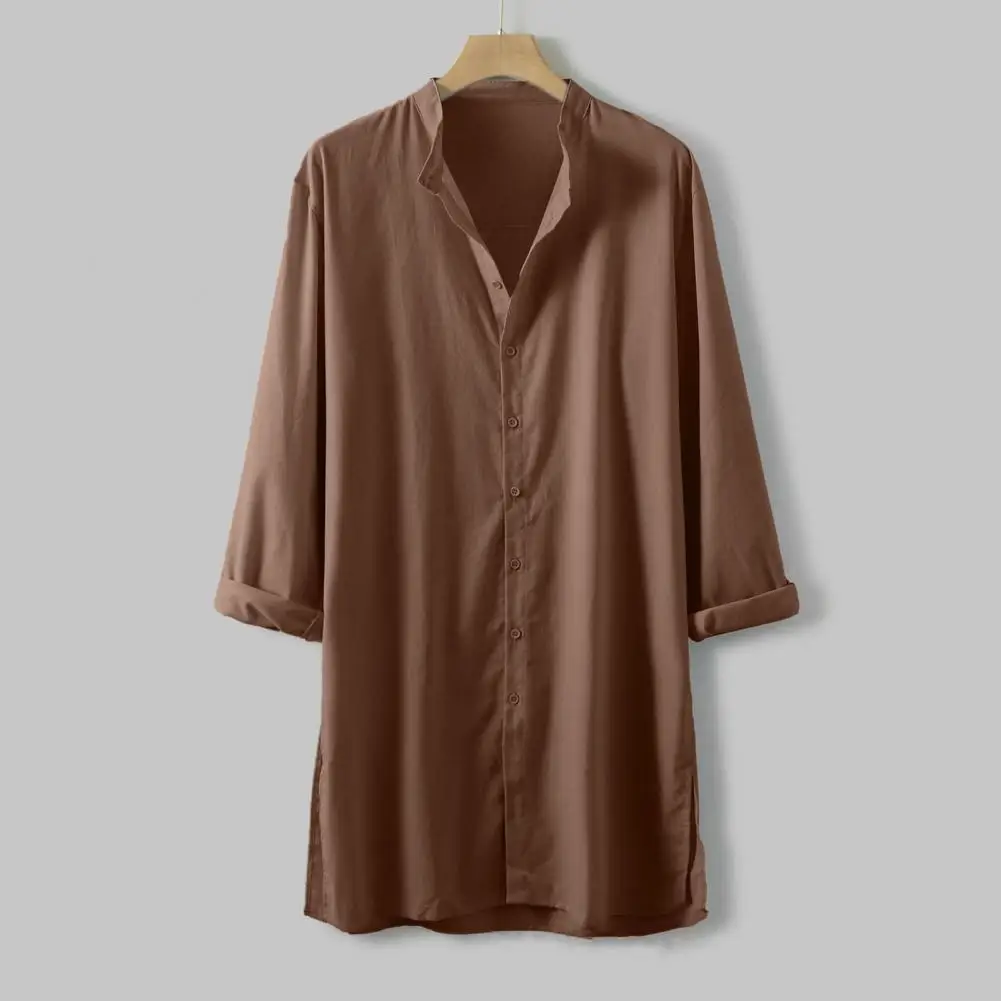 

Streetwear Men Shirt Vintage Men's Long Sleeve Cardigan with Stand Collar Split Hem Soft Breathable Stylish Spring/fall Top Men