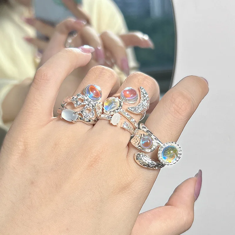 

Silver Color New Arrival Creative Irregular Geometric Sweet Opal Adjustable Ring For Women Fashion Personality Aesthetic Jewelry