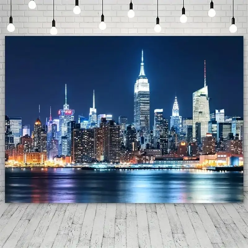 Фото Гобелен New York Skyline — вид на город окно с рекой и ночными огнями для декора гостиной, спальни или общежития №5