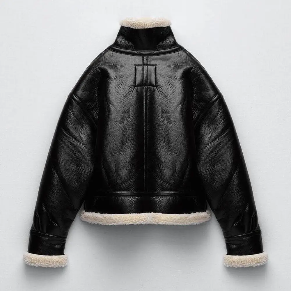 ZA Autumn And Winter New Women's Loose Thickened Fleece Faux Leather Jacket Coat