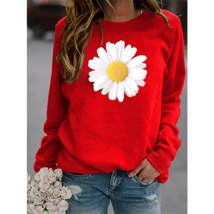 

[New In] Women's daisy Theme Abstract Painting T shirt Floral 3d Print Round Neck Basic Vintage red Tops