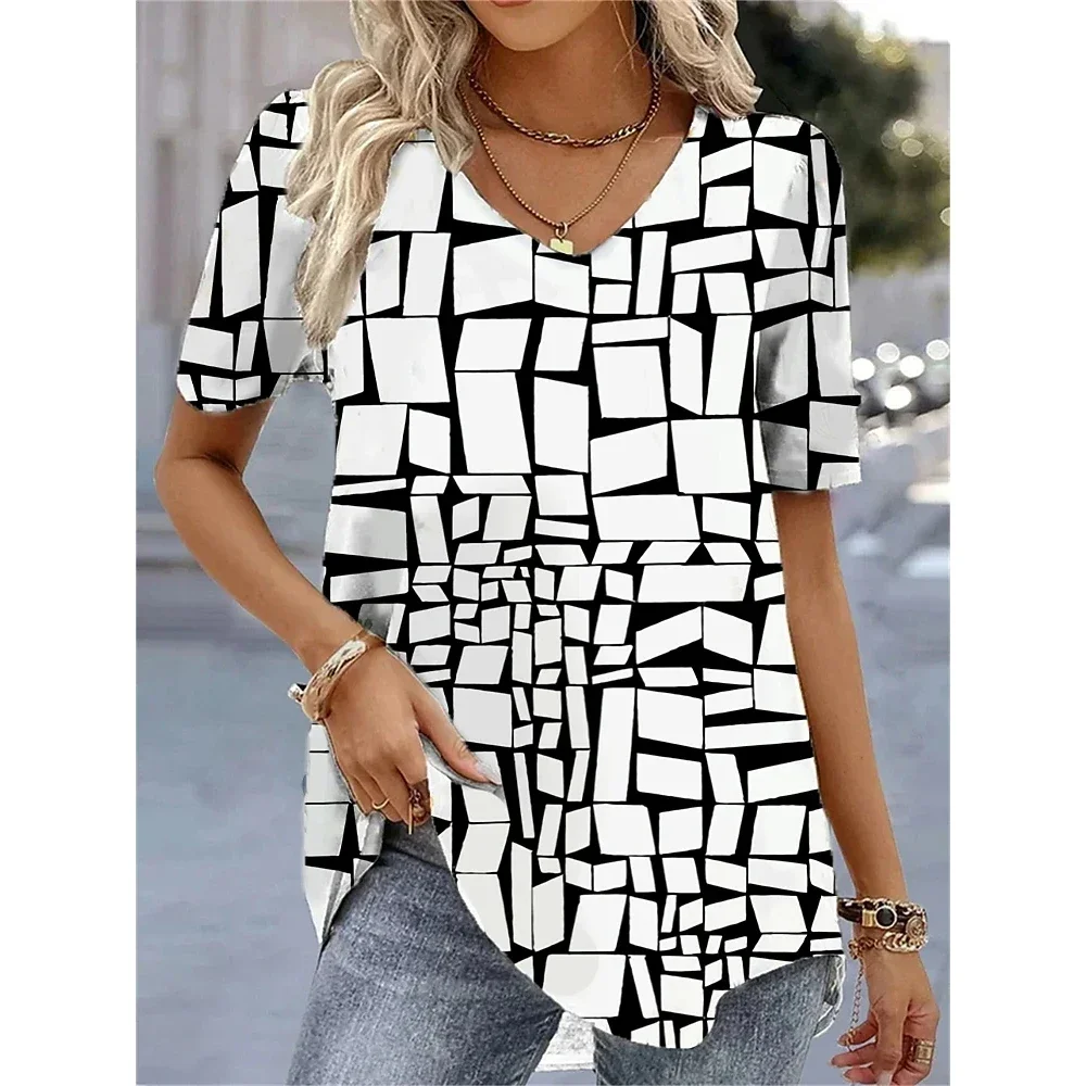 Summer V-Neck T-Shirt Fashion Women Short Sleeves 3D Printed Top Tee Casual Loose Black White Streetwear Female Pullover