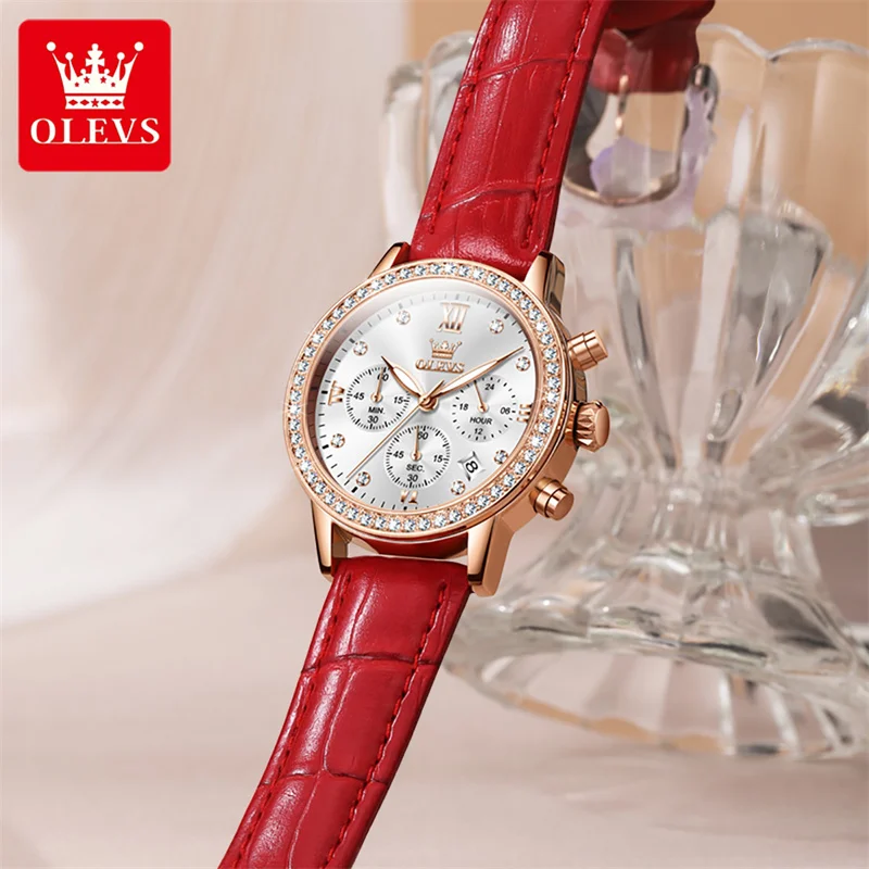 OLEVS Fashion Women Watch with Diamond Watch Ladies Top Luxury Brand Ladies Casual Women's Leather Crystal Watches Relogio 2023 enlarge