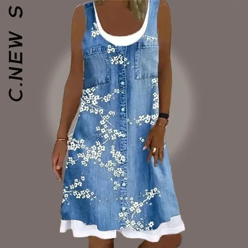 Женское платье до колен с цветочным принтом без рукавов |