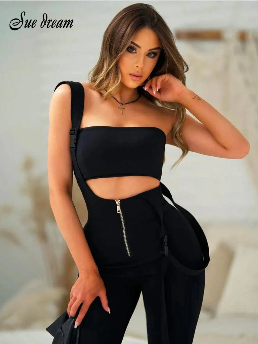 High Quality Sexy Spaghetti Front Zip Hollow Bodycon Bandage Jumpsuit Fashion Celebrity Club Party Jumpsuit