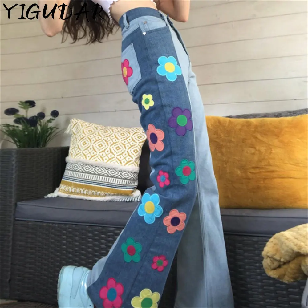 

Женские джинсы с вышивкой, брюки-клеш с высокой талией и цветочной вышивкой