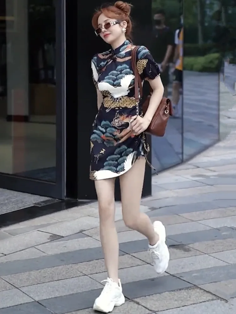 

Young Girl Fashion Cheongsam Short Skirt Summer Dresses Woman 2022 Retro Design Sense Temperament Slim Casual Dress