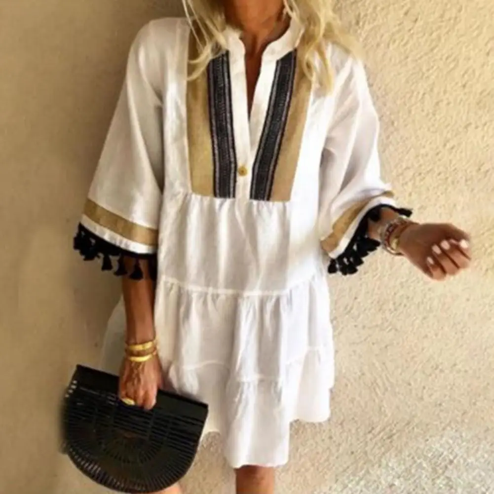 

Summer V Neck Tassel Beach Dress Spring Vintage Color Contrast 3/4 Sleeve Party Dress Women Casual Loose A-Line Mini Dress