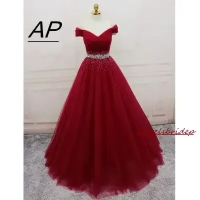 

Long Tulle Evening Dress Vestido V-Neck Off-Shoulder Crystal Waist Lace-up Celebrity Formal Party Gown Vestido De Festa