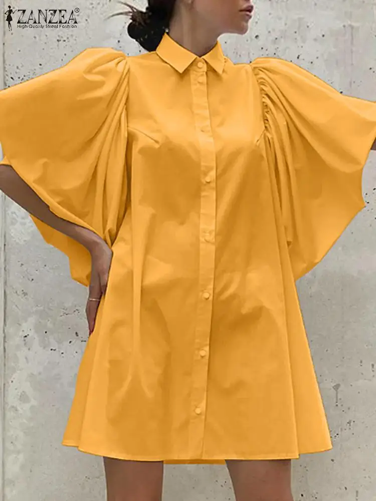 

ZANZEA Fashion Flared Sleeve Mini Dress Women 2023 Summer Yellow Shirtdress Elegant Lapel Buttons White Vestidos Streetwear Robe