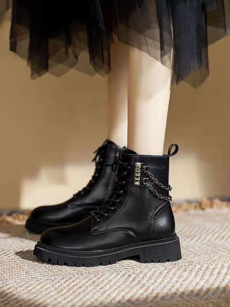 

Autumn 2022 Elegant Ankle Boots Women British Style Chain Design Chic Shoes Ladies Lace-up Pure Color Non-slip Comfortable Shoes