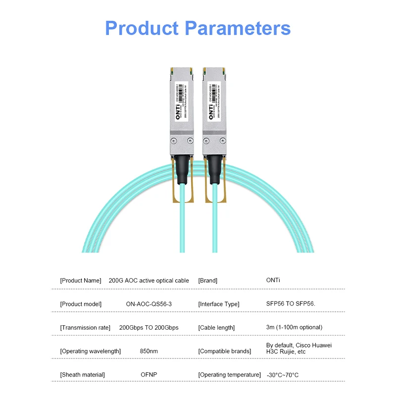 ONTi 200G AOC Fiber Cable QSFP56 Active Optical Cable MPO Multimode Jumper ,1-100m,for Cisco,Huawei,MikroTik,HP,Intel,Dell...Etc