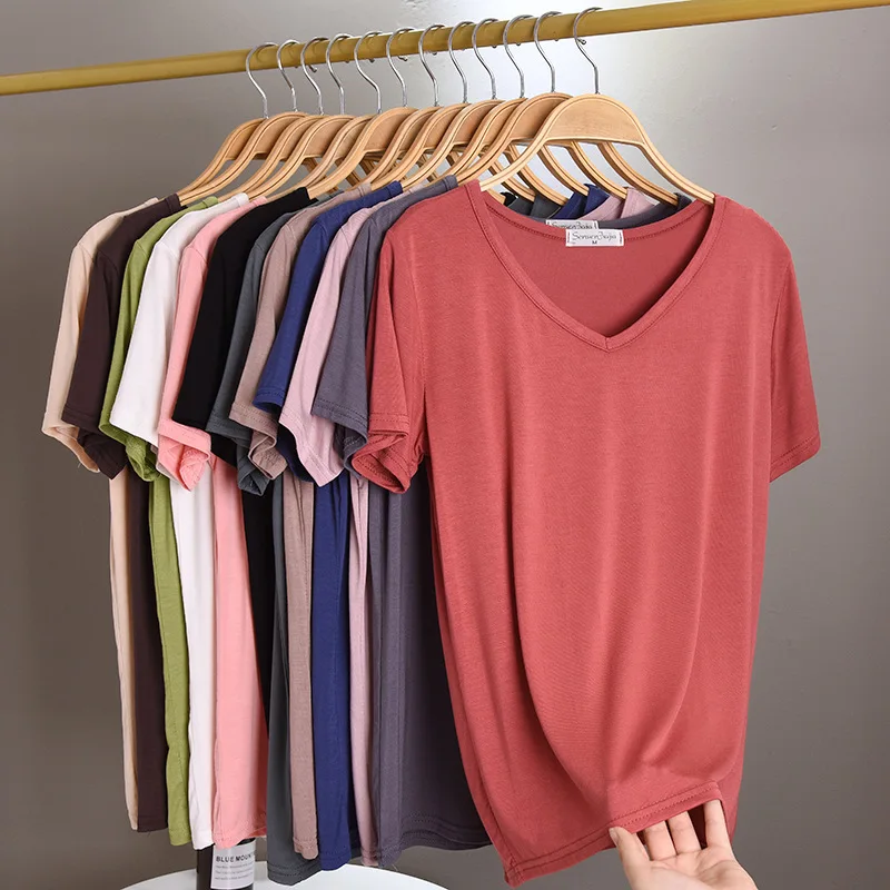 

Loose Pajama T-shirt Women's Short Sleeved Modal 2023 Newest Solid Color Bottoming Shirt V-neck Short Sleeve Sleepwear Tops