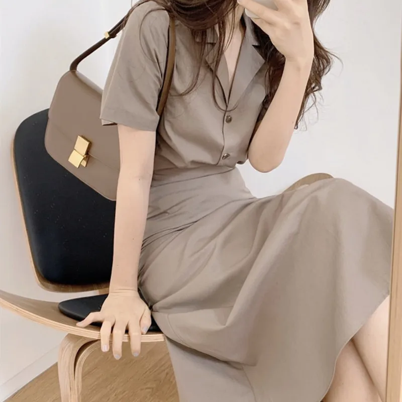 

Women Two Piece Set Skirt Short Sleeve Single Breasted Turn Down Collar Top and High Waist Long Skirt 2 Piece Set A-line Vintage