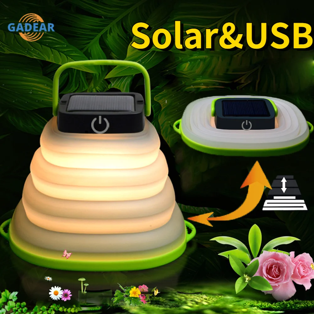 Solar USB Rechargeable Collapsible Camping Lantern Portable Foldable Led Light 3 Gear Dimming Outdoor Tent High power Lighting