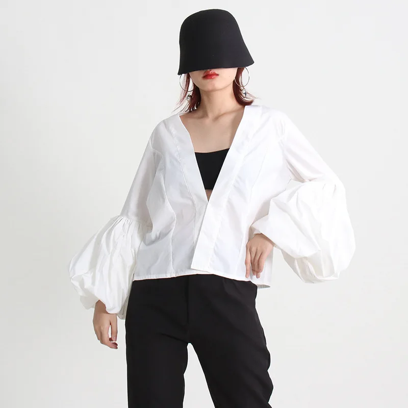 

Lantern Sleeves Spring Women Blouse Shirt White Color V-Neck Loose Casual One Button Lady Tops Clothes