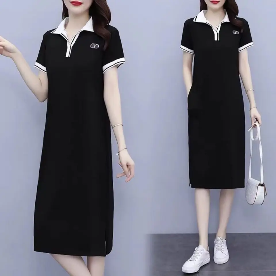 

2023 New Summer Korean Over Knee POLO Dress Women Summer Covering Belly Show Thin Polo Neck Casual Sports Long T-shirt Dress