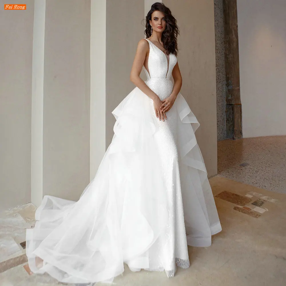 

White Sequins Mermaid Wedding Dress Removable Ruffles Tiered Tulle Vestidos De Novia Bride Gowns Robe De Mariée Custom Made